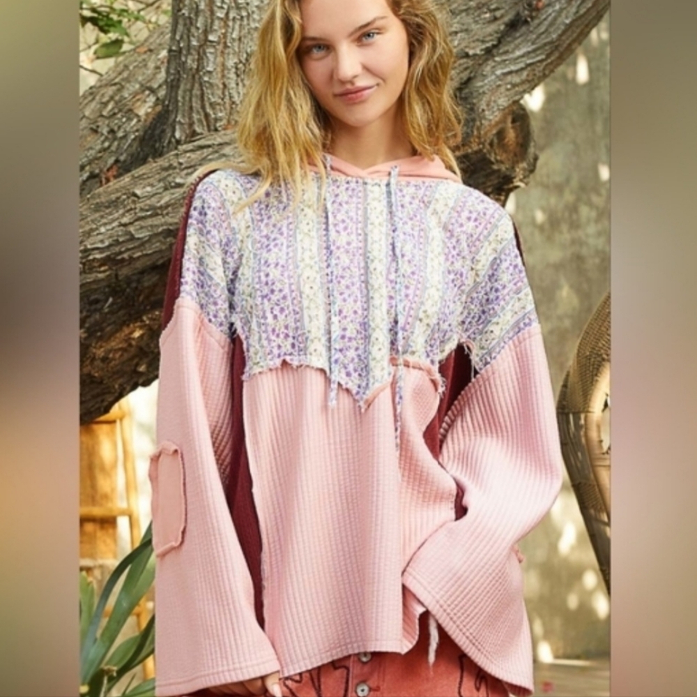 New POL Blushing Love Boho Patchwork Pull Over Hoodie Sweater Size‎ Large